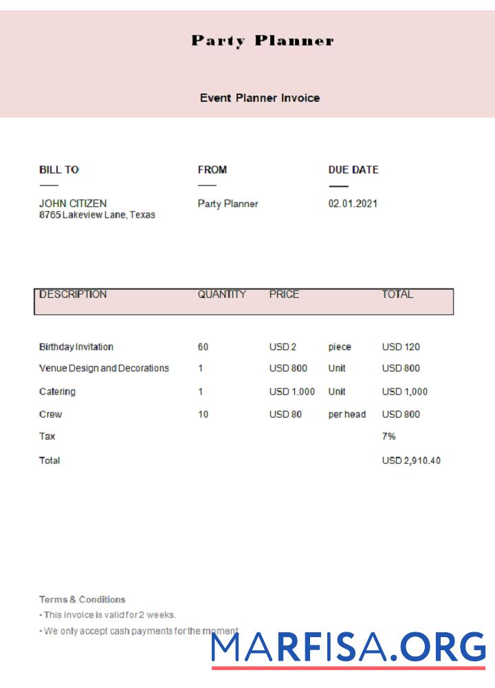 Realistic USA Party Planner invoice example